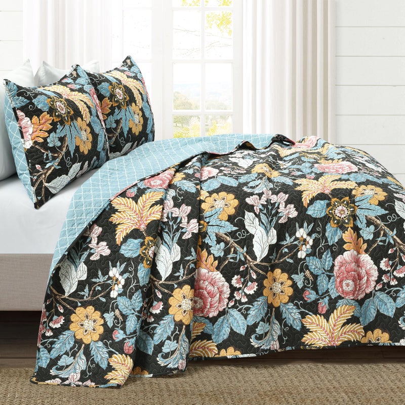 Lush Decor Sydney Reversible Cotton Quilt Set, 3 Piece Set, Full/ Queen, Black & Blue - Cotton Bedding Set - Black Floral Quilt - Cottage Decor - Bedding Queen Size - Image 2